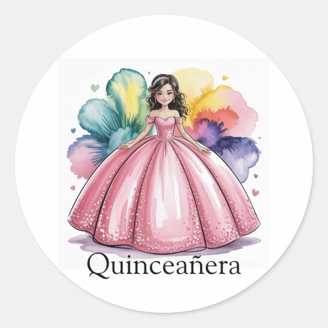 Pink Quinceñera Ball Gown Art Runder Aufkleber (Vorderseite)