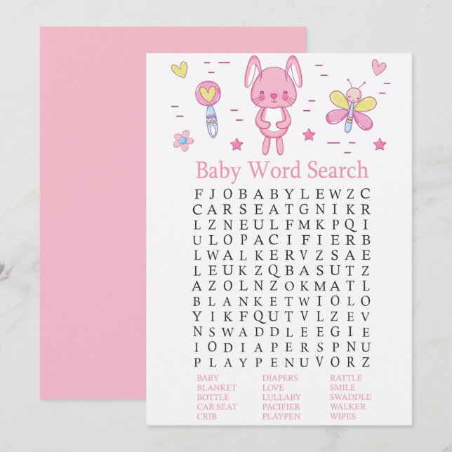 Pink Rabbit Baby Dusche Word Search Game Einladung (Vorne/Hinten)