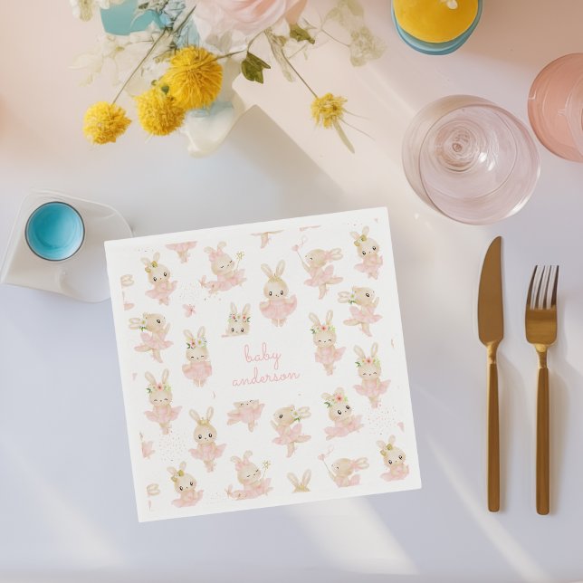 Pink Rabbit Ballerina Tutu Babydusche Serviette (custom baby shower napkins with watercolor rabbit ballerina illustrations)