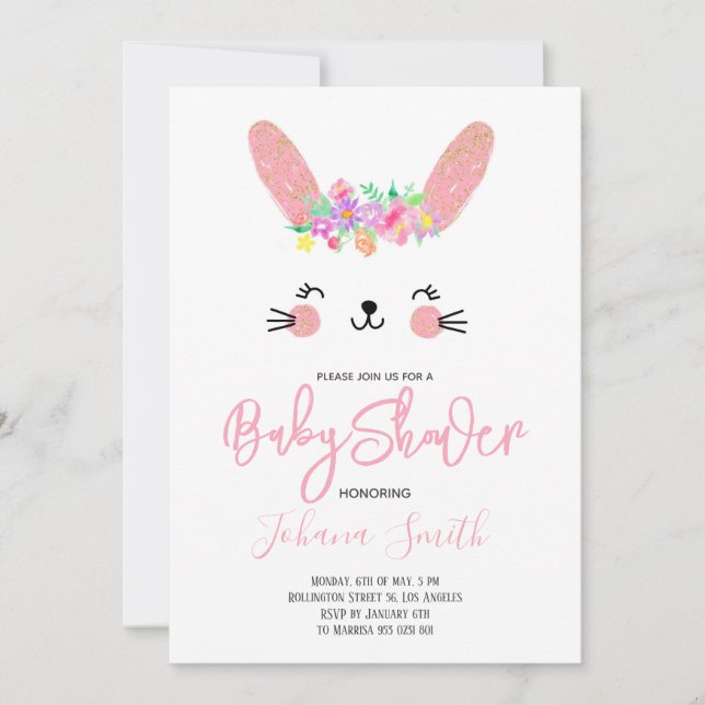Pink Rabbit Face Baby Dusche Einladung (Vorderseite)