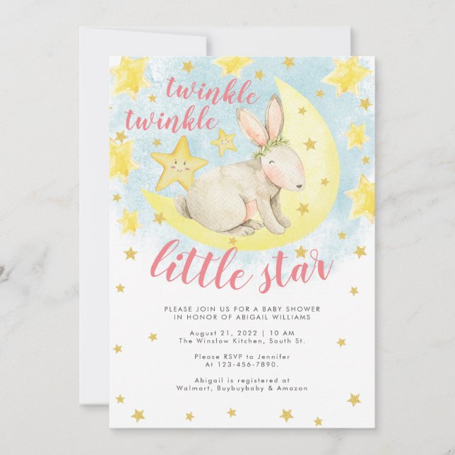 Pink Rabbit Gold Twinkle Little Star Baby Dusche Einladung (Vorderseite)