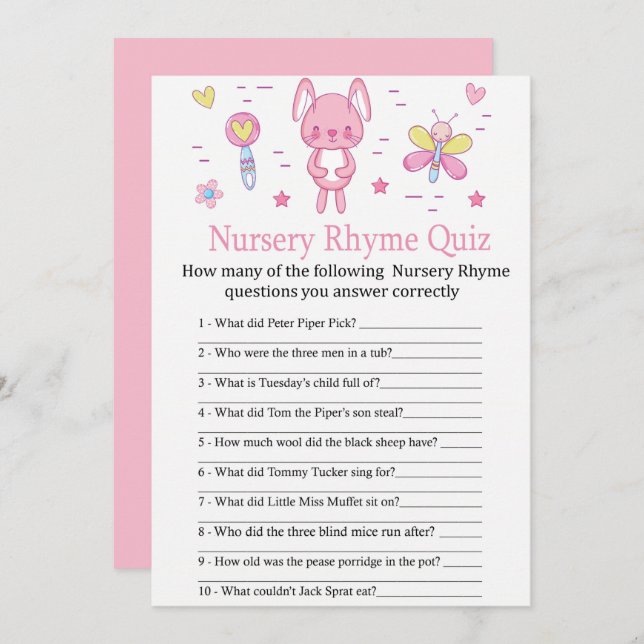 Pink Rabbit Kinderzimmer Rhyme Quiz Kinderduschens Einladung (Vorne/Hinten)