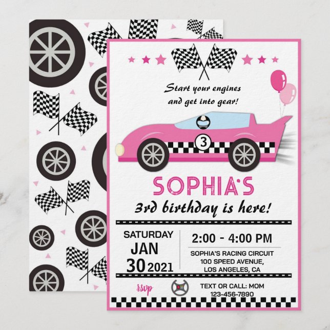 Pink Race Car Birthday Party Einladung (Vorne/Hinten)