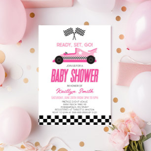 Pink Race Car Checkered Race Flag Babydusche Einladung