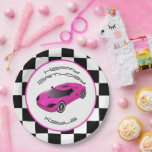 Pink Race Car | Custom Birthday Party Pappteller<br><div class="desc">These custom party plates feature a black and white checkered flag and pink race car theme. Matching birthday invitations and other accessories are also available. Please check out my store here on Zazzle to view the other available products and designs and be sure to follow me for new product updates!...</div>