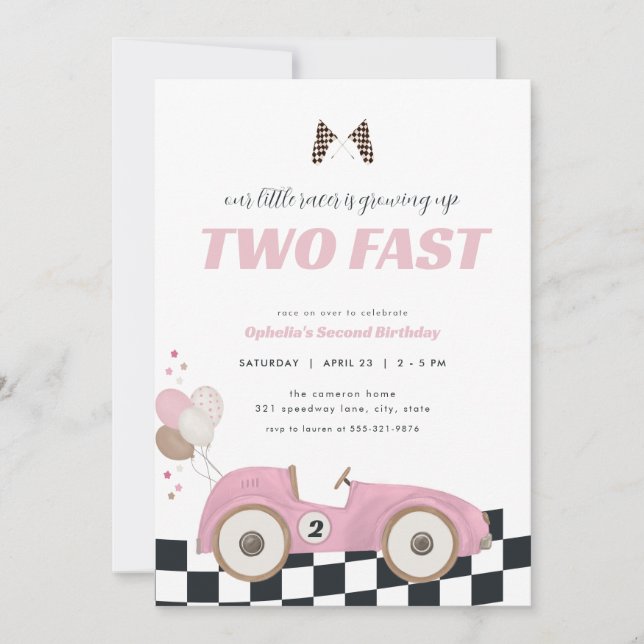 Pink Race Car Girl Two Fast Second Birthday Invite Einladung (Vorderseite)