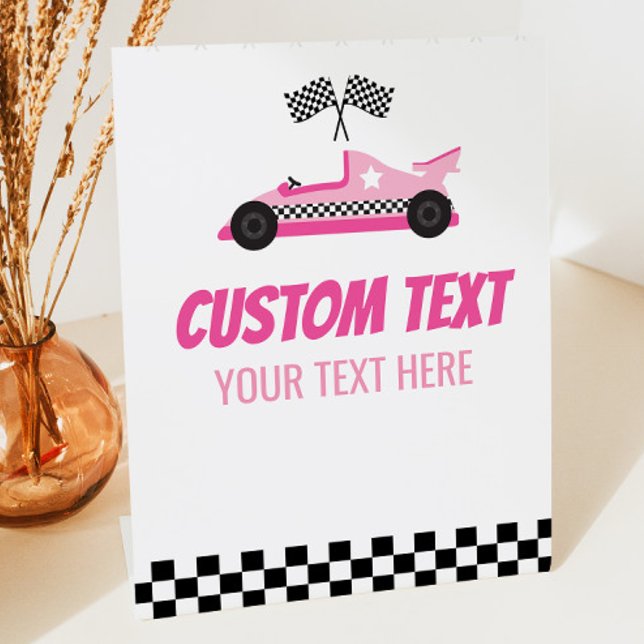 Pink Race Car Racecar Custom Text Party Sockelschild (Von Creator hochgeladen)