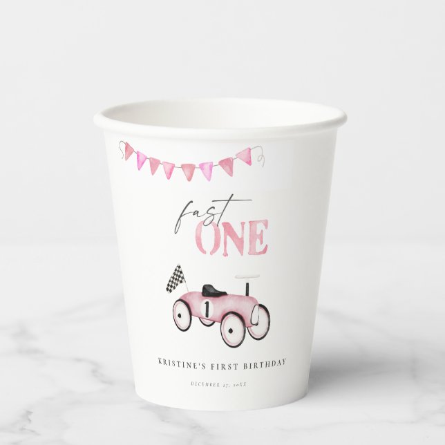 Pink Race Car Ride On Birthday Papier Cups Pappbecher (Vorderseite)