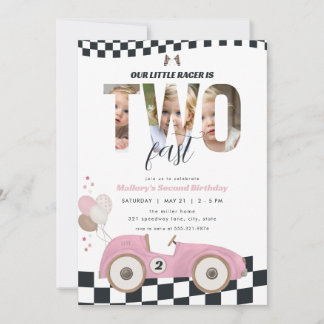 Pink Race Car Two Fast 2nd Birthday Invite Photo Einladung