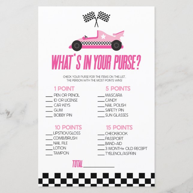 Pink Race Car Was ist in Purse Baby Shower Game (Vorderseite)