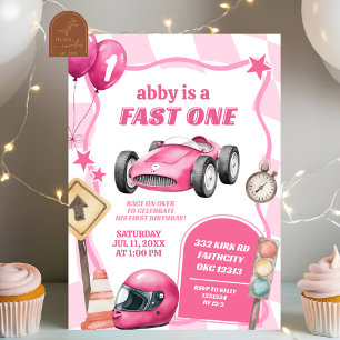 Pink Racing Car Fast One Girl Erster Geburtstag Einladung