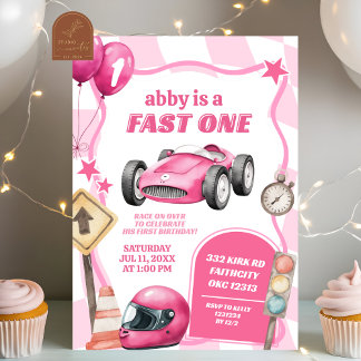 Pink Racing Car Fast One Girl Erster Geburtstag Einladung