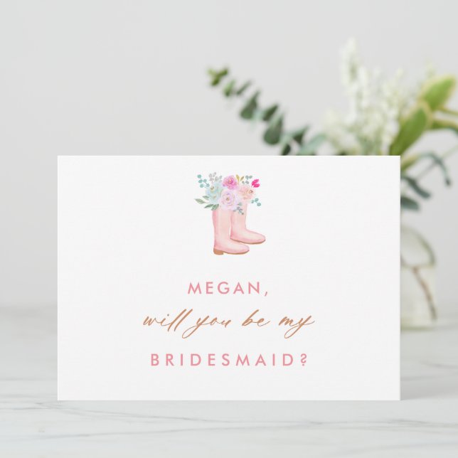 Pink Rain Boots & Blume Bridesmaid Vorschlag Card Einladung (Stehend Vorderseite)