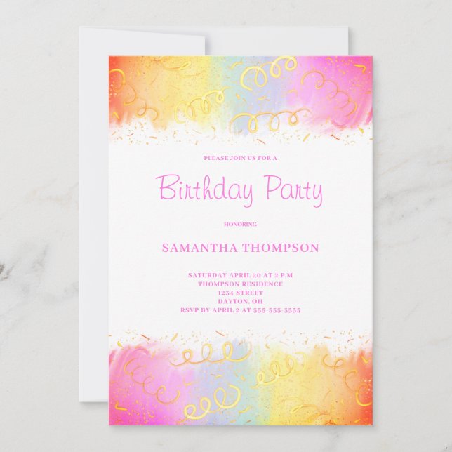 Pink Rainbow Confetti Birthday Einladung (Vorderseite)