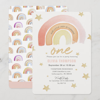 Pink Rainbow Stars Erste Geburtstagsparty Einladung