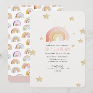 Pink Rainbow Stars Erste Geburtstagsparty Einladung