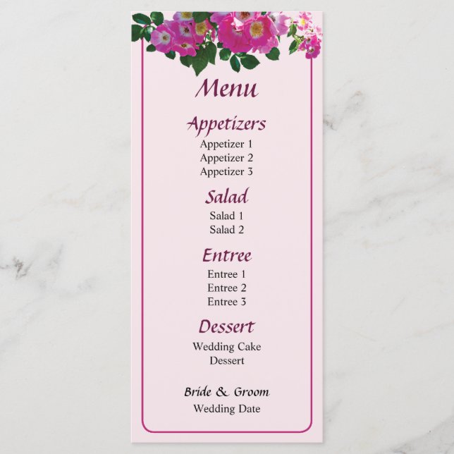 Pink Rambler Rose Wedding Menu Menükarte (Vorderseite)