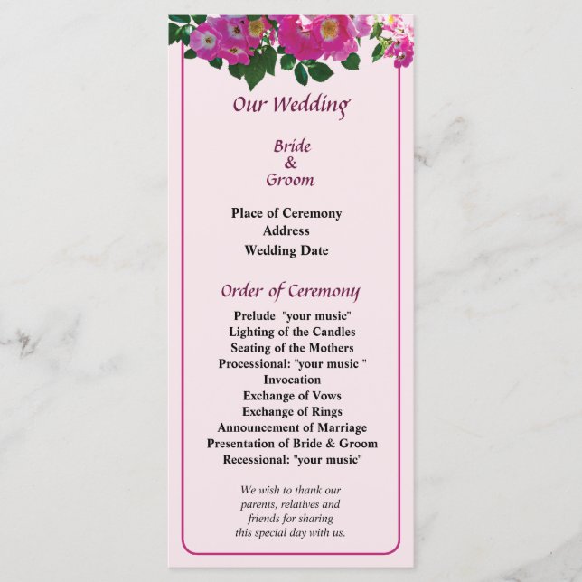 Pink Rambler Rose Wedding Program Programm (Vorderseite)