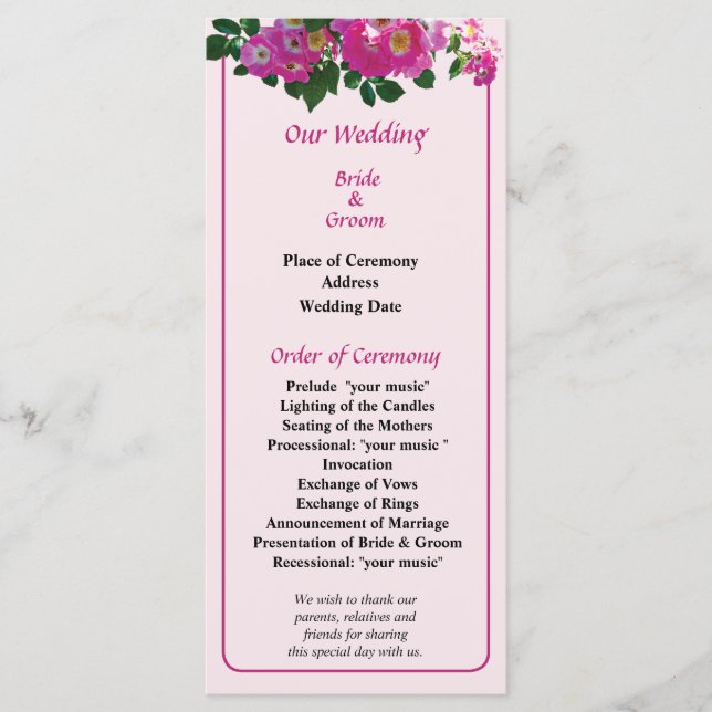 Pink Rambler Rose Wedding Program Programm (Vorderseite)