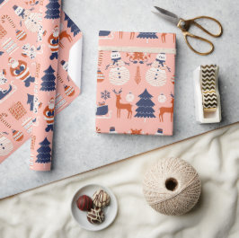 Pink Red Blue Illustrative Style in Weihnachten Geschenkpapier