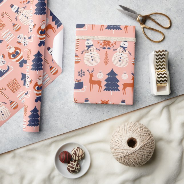 Pink Red Blue Illustrative Style in Weihnachten Geschenkpapier (Kunsthandwerk)
