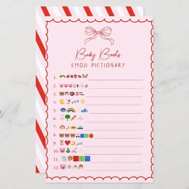 Pink & Red Bow Baby Books Emoji Pictionary Game (Vorne/Hinten)