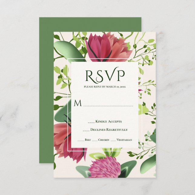Pink & Red Clover Blumengrün Hochzeit RSVP Karte (Vorne/Hinten)