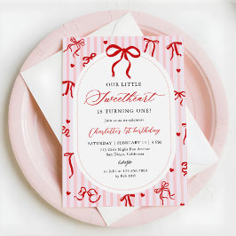 Pink Red Coquette Bow Valentine 1st Birthday Einladung