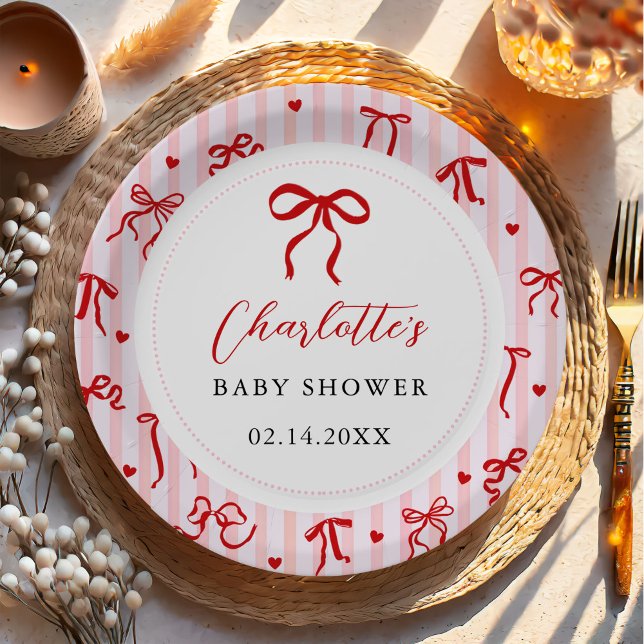 Pink Red Coquette Bow Valentine Baby Shower Pappteller (Von Creator hochgeladen)
