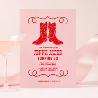 Pink Red Cowgirl Boots Ladies Birthday Party Einladung