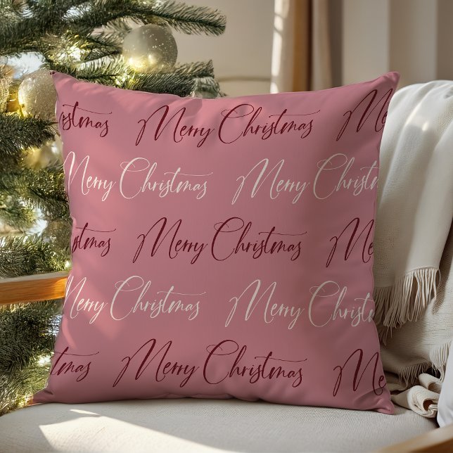 Pink Red Cream Script Pattern Frohe Weihnachten Kissen (Von Creator hochgeladen)