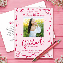 Pink Red Doodles Graduation Save the Date Photo Einladungspostkarte