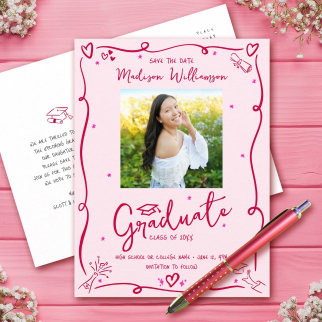 Pink Red Doodles Graduation Save the Date Photo Einladungspostkarte (Von Creator hochgeladen)