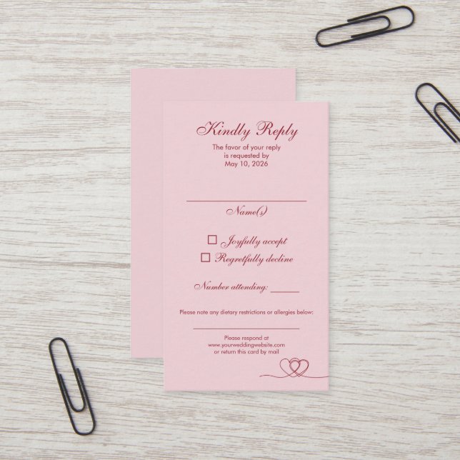 Pink Red Elegant Calligraphy Wedding RSVP Card Visitenkarte (Vorderseite/Rückseite Beispiel)