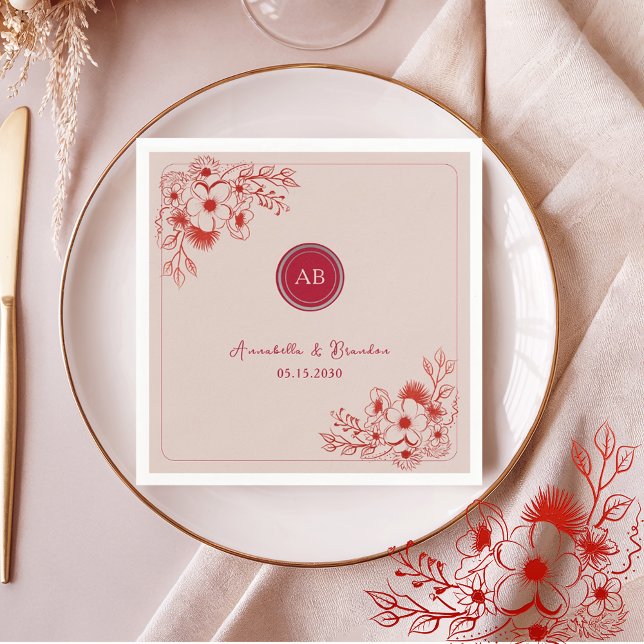 Pink Red Floral Monogram Wedding Serviette (Von Creator hochgeladen)