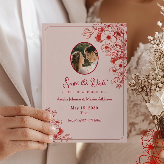 Pink Red Floral Photo Save The Date (Von Creator hochgeladen)