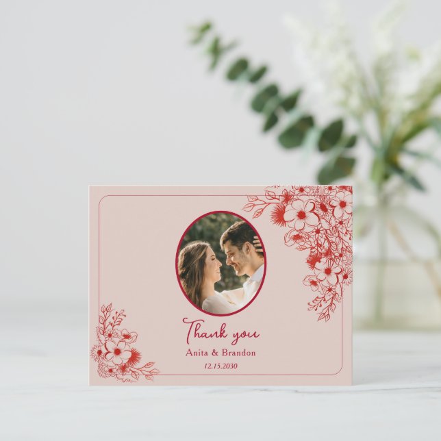 Pink Red Floral Wedding Thank You Postkarte (Stehend Vorderseite)