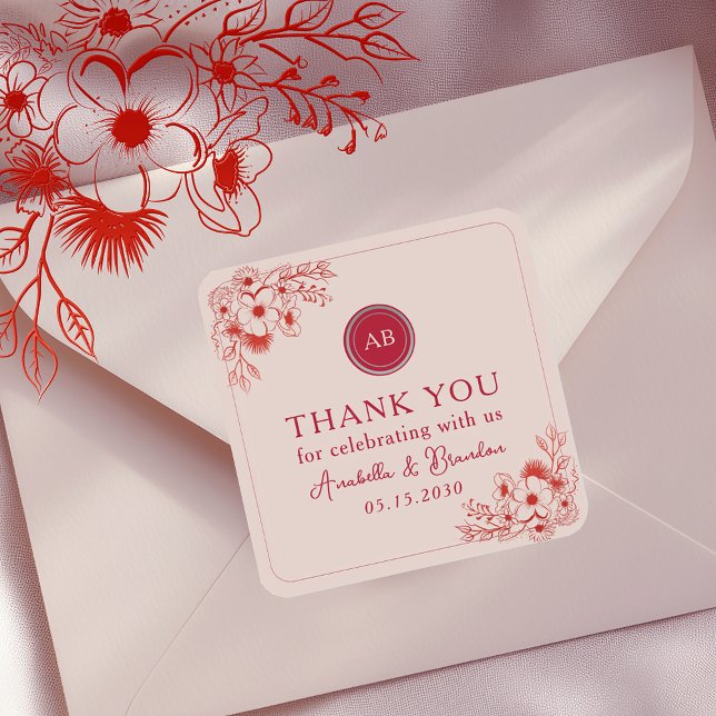 Pink Red Floral Wedding Thank You Quadratischer Aufkleber (Von Creator hochgeladen)