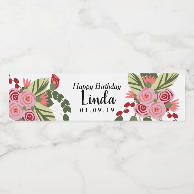 Pink Red Florals Happy Birthday Wasserflaschenetikett (Einzelnes Label)