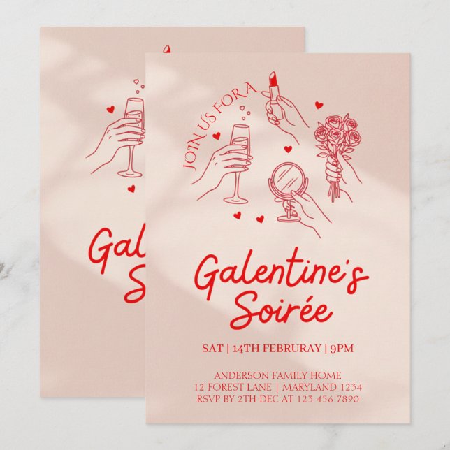 Pink & Red Galentine’s Day Party Invitation Templa Einladung (Vorne/Hinten)