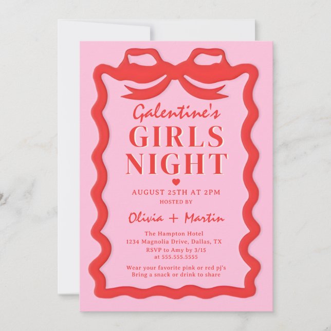 Pink Red Galentine's Girls Night Party Invitation Einladung (Vorderseite)
