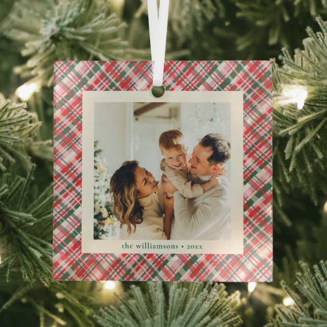 Pink Red Green Plaid Cute Photo Keepsake Christmas Ornament Aus Glas (Insitu)