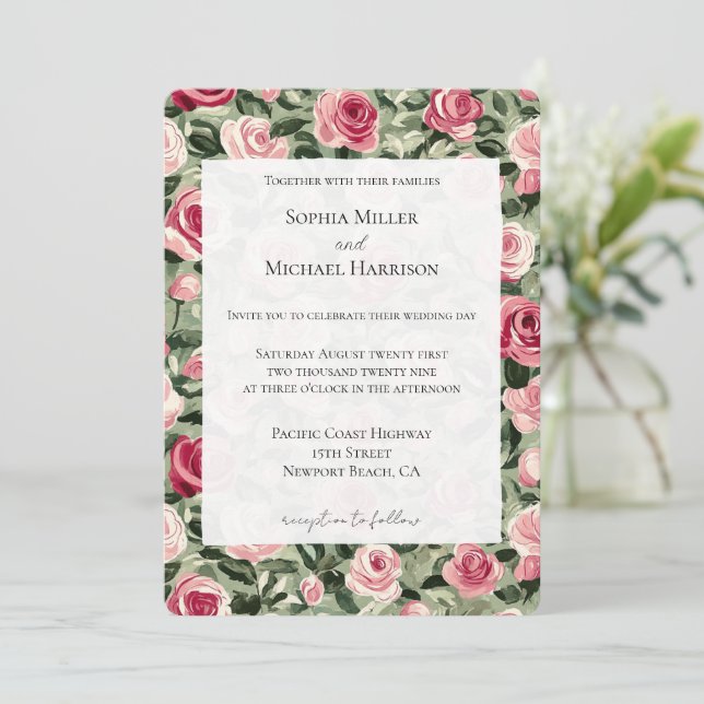 Pink Red Green Roses Floral Wedding Einladung (Stehend Vorderseite)