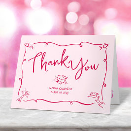 Pink Red Hand Drawn Doodle Style Graduation Quirky Dankeskarte