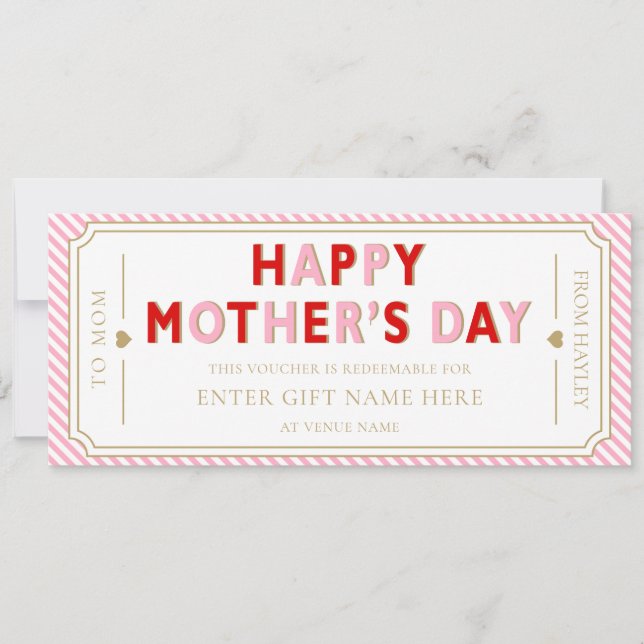 Pink Red Happy Mother's Day Gift Voucher Card Einladung (Vorderseite)