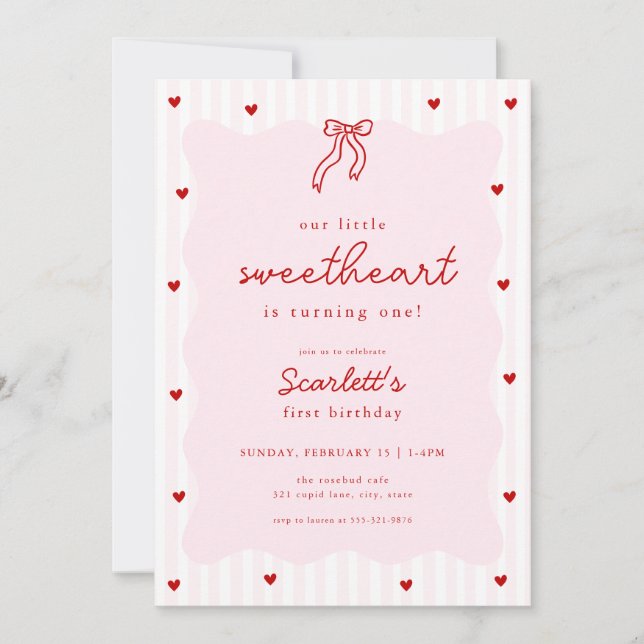 Pink Red Heart Little Sweetheart Birthday Invite Einladung (Vorderseite)