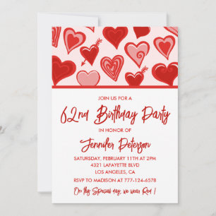 Pink Red Hearts Pattern Einfache 62. Geburtstag Einladung