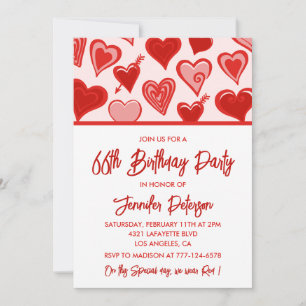 Pink Red Hearts Pattern Einfache 66. Geburtstag Einladung
