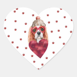Pink Red Paws Cavalier Spaniel Dog Valentine Herz-Aufkleber