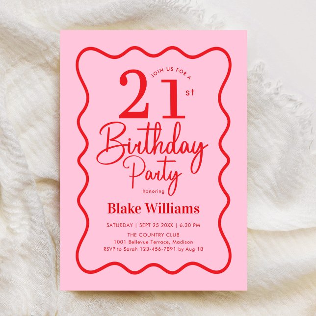 Pink Red Retro 21st Birthday Wavy Border Einladung (Von Creator hochgeladen)